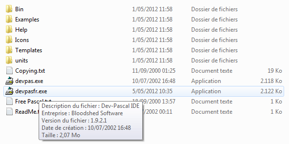 Le fichier devpasfr.exe a été ajouté au dossier de Dev-Pascal